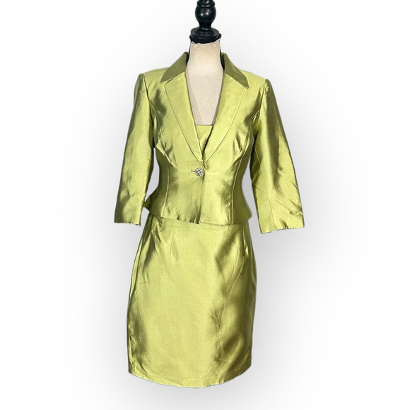 Kay Unger 2 Piece Set Women's 10/12 Green Silk Blend Satin Mini Dress Blazer - Picture 1 of 11
